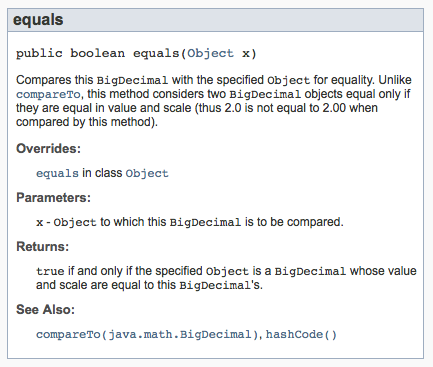 BigDecimal JavaDoc for the 'equals' method
